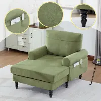 SUCCESS COURIER Moderner minimalistischer Chenille-Liegestuhl/Einzelsofa, Holzbeine + bequeme Rückenlehne/Armlehnen, Seitentaschen für Aufbewahrung – für Wohnzimmer