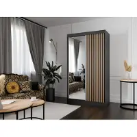 MargaretHadas24 Kleiderschrank Lili mit Lamellen 120 cm inklusive 2 Schiebetüren Schwebetürenschrank Kleiderstange Garderobe Schrank Lieferung bis in die Wohnung (Farbe: schwarz, schwarz, Lamelle wotan, Spiegel)