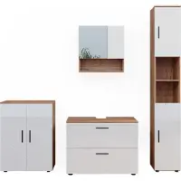 Vicco Badmöbel-Set Irma Weiß Hochglanz/Goldkraft Eiche 4 Teile, mit Schubladenschrank und Midischrank, Model 40543