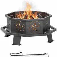 Relaxdays Feuerschale, HxD: 36 x 82 cm, mit Schürhaken, Stahl, achteckig, Sternenmuster, Feuerstelle Garten, schwarz