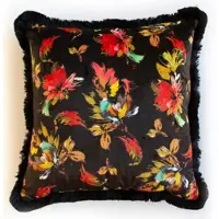 Casa Padrino Luxus Deko Kissen Herbstblätter Design Schwarz / Mehrfarbig 45 x 45 cm - Bedrucktes Samt Kissen mit Fransen - Deko Accessoires