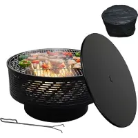 Relaxdays Feuerschale, Ø 66 cm, mit Grillrost, Deckel, Schürhaken & wasserdichter Abdeckung, Feuerstelle Garten, schwarz