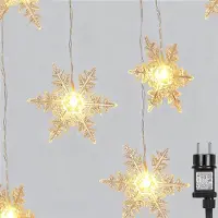 Rosikey Mini Lichtervorhang mit 16 Schneeflocken, LED-Lichterkette mit Wasserdicht, Warmweiß, Lichtergirlande 180cm + Netzteil, für Garten, Weihnachten Deko