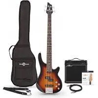 Gear4Music Chicago-Bassgitarre Sunburst im Paket mit 15-Watt-Verstärker
