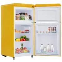 OKWISH Kühlschrank mit Gefrierfach, Metall/Kunststoff, gelb, 46x45x91 cm, 72 L Gesamtvolumen, 2 Türen, verstellbare Böden, Energieklasse E