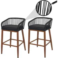 Mendler 2er-Set Rope-Barhocker MCW-O22, Outdoor Sitzpolster Seilgeflecht Metall Holz-Optik anthrazit, Kissen dunkelgrau
