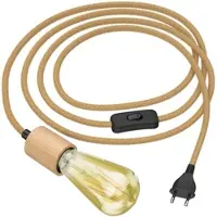 Ledscom.de Hanfkabel KIVO, beige, 3m, Echtholz E27 Fassung, Stecker, Schalter, inkl. LED Lampe, 3-Stufen-Dimmer, max. 814lm, extra warmweiß