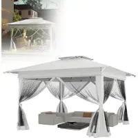 LZQ Gartenpavillon 3x3m Pop-Up Faltpavillon mit Doppeldach, 4 Moskitonetzen, UV-Schutz, Höhenverstellbar, Robuster Rahmen, Oxford-Gewebe, Weiß