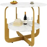 OKWISH Esstisch rund 80x80x76 Gold mit Marmoroptik MDF Tischplatte und Ablagefläche unten verstellbare Füße stabiler Metallrahmen