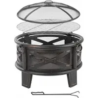 Relaxdays Feuerschale, Ø 66 cm, mit Grillrost, Funkenschutz & Schürhaken, Feuerstelle Garten, Feuerkorb, schwarz/bronze