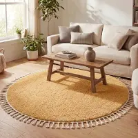 NATURL. Teppich Hochflor Rund - Lofty Fringe Gelb Ø 100 cm
