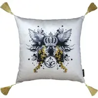 Harald Glööckler Casa Padrino Luxus Barock Kissen Pompöös mit Engelsflügeln, Krone, Strass und Troddeln, Creme / Schwarz, 40 x 40 cm