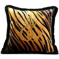 Harald Glööckler Luxus Deko Kissen Pompöös by Casa Padrino Krone Deluxe Tiger mit Strass Steinen Schwarz / Orange / Gold - Feinster Samtstoff - Glööckler Kissen