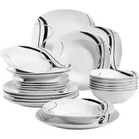 Happyment Prestige Montario Salade Kom – 24-teilig – 6 Personen – Weiß/Schwarze Streifen – Tafelservices – Essteller – Tiefe Teller – Frühstücksteller – Servies – Küchenservies – s Design – Tischstil