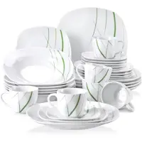 Happyment Nobleza Salatschüssel Set – 30-teilig – Weiß/Grüne Streifen – Tafelservices – Essteller – Tiefe Teller – Frühstücksteller – Servies – Küchenservies