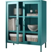 DELUKE Vitrinenschrank Wohnzimmer klein EKER - 3 Ebenen, Metall | Glasvitrine Bücherschrank Büroschrank Aktenschrank mit Glasfenster 101,5x80x40cm Türkis