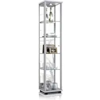 K-Möbel Glasvitrine in Alu / Silber (176x37x33 cm) mit 4 höhenverstellbaren Glasböden, Spiegel, LED - Modellauto Vitrine Silber - Vitrinenschrank