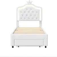 Happyment Kinderbett Tavien für Mädchen – 90 x 200 cm – Gepolstertes Bett mit 1 Schublade – LED-Beleuchtung und Rückenlehne – Einzelbett