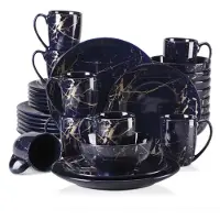 Happyment Haute Lucenzo Serviesset – 32-teilig – 8 Personen – Dunkelblau/Gold – Essteller – Tafelservice – Tiefe Teller – Frühstücksteller – Servies – Ofengeeignet