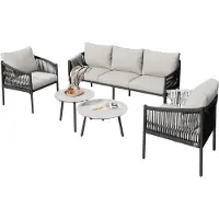 Happyment Loungeset – 5-teilig – 3-Sitzer Sofa mit Sesseln & Beistelltischen – handgeflochtenes Seil – Marmor-Tischplatte – Stahlrahmen