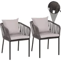 Mendler 2er-Set Gartenstuhl MCW-N41, Outdoor Armlehne, wetterfest Aluminium Seilgeflecht Rope anthrazit Kissen grau