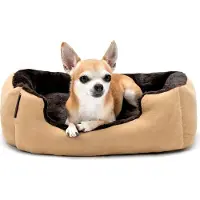 Lionto Hundebett, weiches Kuschelbett mit herausnehmbarem Wendekissen & Anti-Rutsch-Boden, 50x37 cm, beige/braun