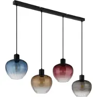 Nowa Hängeleuchte Metall schwarz matt, Glas, Kabel Textil schwarz, Glasfarben: rot, blau, amber, rauchfarben, LxBxH: 1080x240x1200mm, exkl. 4x E27 60W 230V