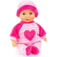 Bayer 92802AS Design My First Baby 28cm, Babypuppe, Weichkörperpuppe mit Schlafaugen, sehr handlich, niedliches Outfit, rosa, pink mit Herz