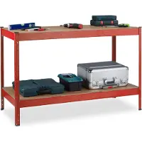 Relaxdays Werkbank, 600 kg, HxBxT: 91 x 141 x 61 cm, 2 verstellbare Ebenen, Werktisch, Stahl & MDF, Werkstattregal, rot