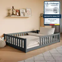 KIDS Collection Kinderbett Bodenbett 140x200 cm mit Rausfallschutz, Matratze & Lattenrost Montessori Bett Bed Gitterbett Kinder Jugendbett Einzelbett | Graphit