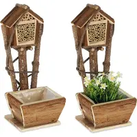 Relaxdays Bienenhotel mit Blumentopf, 2er Set, kleines Insektenhotel, Garten & Balkon, Nisthilfe für Wildbienen, natur
