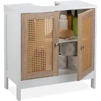 Relaxdays Waschbeckenunterschrank, 60 cm breit, 2 Fächer, Siphon-Aussparung, Rattan-Türen, Badunterschrank, weiß/ natur