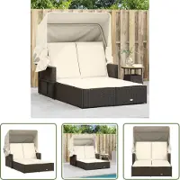 The Living Store Doppel-Sonnenliege mit Dach und Auflagen Braun Poly Rattan