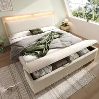 STILVORA 160×200 Doppelbett mit Bettbank&Stauraumkopfteil,Holzbett mit LED&Cordpolster-Rückenlehne,Jugendbett mit Holzlatten,Ohne Matratze,Heller Eiche