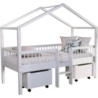 Vipack - FORREST Buche Spiel-Hausbett 90x200cm, inkl. Lattenrost, Leiter, Dachaufbau, 2 Rollboxen, Buche massiv weiß lackiert