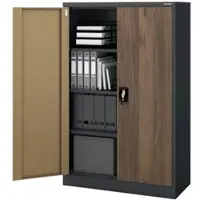 DELUKE Aktenschrank abschließbar KADO - 4 Ebenen, Flügeltüren | Metallschrank Werkstatt Büroschrank aus Stahl Werkzeugschrank, 140x90x40cm Anthrazit-Nussbaum