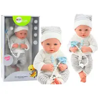 Leantoys Babypuppe im weiß-grauen gestreiften Outfit mit Mütze, Schnuller und Decke