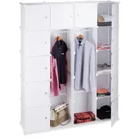 Relaxdays Kleiderschrank Stecksystem mit 2 Kleiderstangen, Garderobe mit 14 Fächer, Kunststoff Regalsystem, weiß