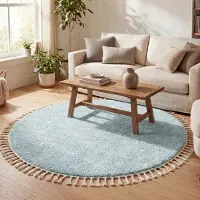 NATURL. Teppich Hochflor Rund - Lofty Fringe Hellblau Türkis Ø 100 cm