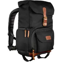Mantona Luis junior Retro Fotorucksack schwarz mit Leder, Kamerarucksack inkl. Regenschutzhülle, Fototasche mit Laptopfach, Backpack geeignet für 1x DSLR-Kamera, 1-2 Objektive, diverses Fotozubehör