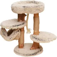 Fudajo Kratzbaum mit Holz und Plüsch 87,5 cm hoch, Designer Katzenkratzbaum mit Birnbaumholz, Katzenbaum mit Hängematte, Katzenmöbel mit Liege
