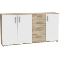 Forte IKOLI Kommode 160, moderne Kommode, 3-türig, 4 Schubladen, Wohn-/Schlafzimmer, Flur, Holzwerkstoff, Weiß mit Sonoma Eiche Holzdekor, 159,2 cm breit x 81,7 cm hoch x 31,4 cm tief