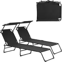 Casa.pro [] Sonnenliege [2er Set] klappbar 190cm schwarz mit Dach Relaxliege Stahl