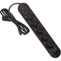 Macleans Steckdosenleiste 5 Steckdosen-Verlängerungskabel + 3xUSB 110-240V AC 50/60Hz 2,1A max 2500W 1,5m schwarz MCE395 B