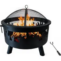 Relaxdays Feuerschale, Ø Schale 64 cm, Funkenschutz, Schürhaken, Stahl, Flammen-Design, Feuerstelle Garten, schwarz