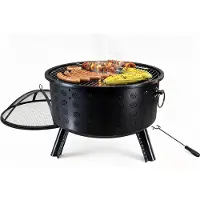 Relaxdays Feuerschale, HxØ 62 x 66 cm, mit Grillrost, Funkenschutz & Schürhaken, Feuerstelle Garten, Feuerkorb, schwarz