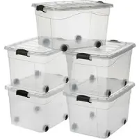 Logiplast GmbH 5 Stück Aufbewahrungsbox transparent 60 Liter mit Deckel und Klickverschluss 610 x 450 x 360 mm inkl. Rollen