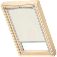 Velux Verdunklungsrollo "DKL 1085S" verdunkelnd ohne Bohren in Führungsschienen Stoff hellbeige mit weißen Führungsschienen & Griffleiste