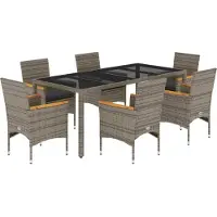 vidaXL 7-tlg. Garten-Essgruppe mit Kissen Grau Poly Rattan und Glas