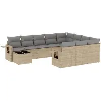 vidaXL 11-tlg. Garten-Sofagarnitur mit Kissen Beige Poly Rattan